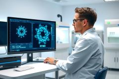 Scientist in lab coat analyzes data on computer screen, possibly related to cell structures or research. Modern lab environment with equipment. Focus on data analysis and scientific research.
