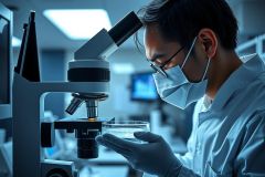 Scientist in lab coat and mask examines a slide under a microscope. Focus on scientific research, biology, and laboratory environment. Blue lighting and focus on precision.