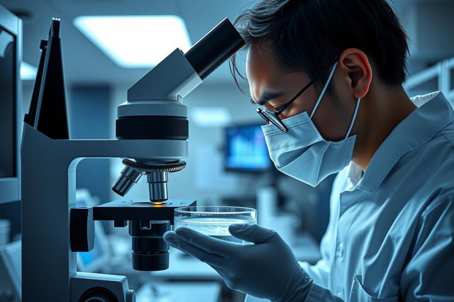 Scientist in lab coat and mask examines a slide under a microscope. Focus on scientific research, biology, and laboratory environment. Blue lighting and focus on precision.
