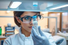 Scientist in lab coat and gloves examines a test tube. Close-up view in a bright, modern laboratory setting. Focus on research, science, and analytical processes.