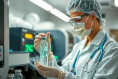 Scientist in lab coat and mask examines a vial of liquid. The image showcases a laboratory setting with equipment and a focus on scientific analysis, quality control, or pharmaceutical research.