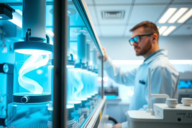 Scientist in lab coat examining a sample within a clear container under bright lighting. Research and development setting with a focus on scientific innovation and analysis.