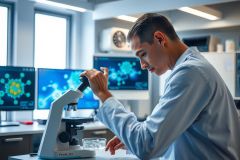 Scientist examining a microscope in a lab setting. Focus on research, biology, and medical analysis.  Bright, clean environment with visible equipment.  Blue and white color palette.