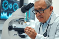 Scientist examining a sample under a microscope in a lab.  Wearing a lab coat and glasses.  Focus on scientific research and analysis.