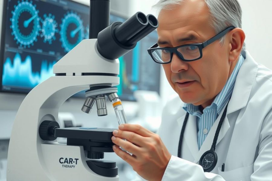 Scientist examining a sample under a microscope in a lab. Wearing a lab coat and glasses. Focus on scientific research and analysis.