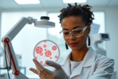 Scientist in a lab coat and gloves examines a petri dish with bacterial colonies. Close-up view in a sterile environment, highlighting research and microbiology.