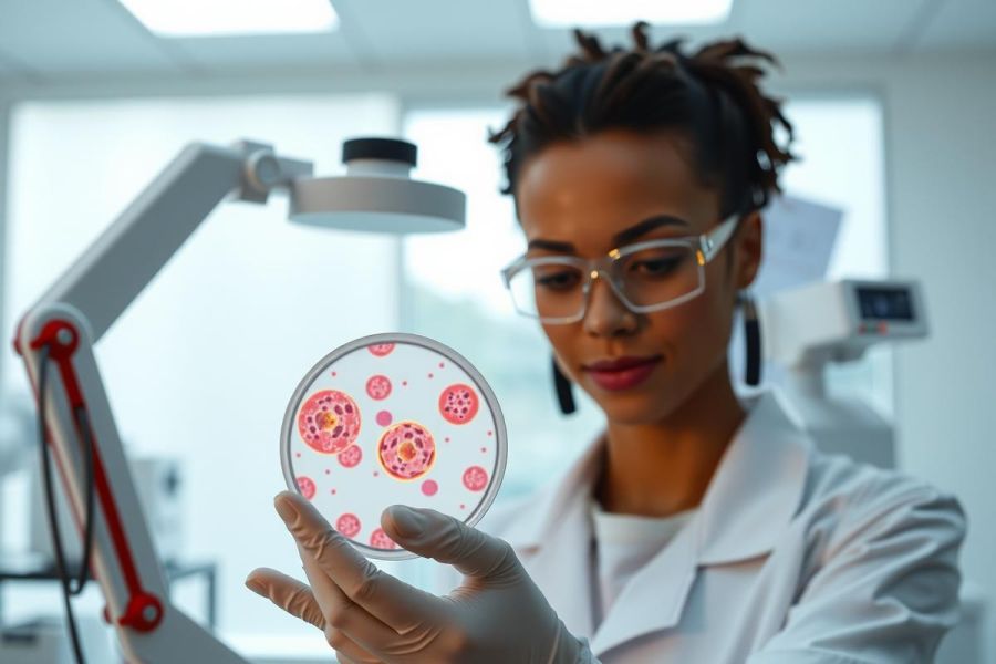 Scientist in a lab coat and gloves examines a petri dish with bacterial colonies. Close-up view in a sterile environment, highlighting research and microbiology.