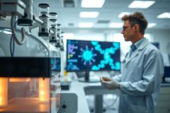 Scientist in a lab coat examines data on monitors, likely researching or analyzing samples. The setting appears to be a modern research facility with advanced equipment and a focus on scientific discovery.