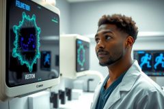 Male doctor in white coat examining medical scans in a brightly lit hospital room. Focus on technology and healthcare environment. Diagnostic imaging.