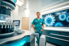 Male healthcare professional in scrubs stands in a modern laboratory. The setting features scientific equipment, blue and white surfaces, and a screen displaying microscopic imagery. Focus on medical research and lab environment.