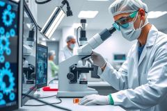 Scientist in lab coat and mask examines a microscope slide. The image showcases a research environment with scientific equipment and a focus on detailed analysis.