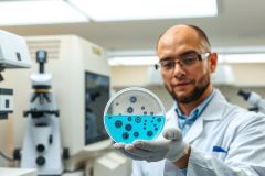 Scientist in lab coat holding petri dish with blue bacteria culture. Research, microbiology, science, lab, experiment, and medical concepts are visualized in this image.