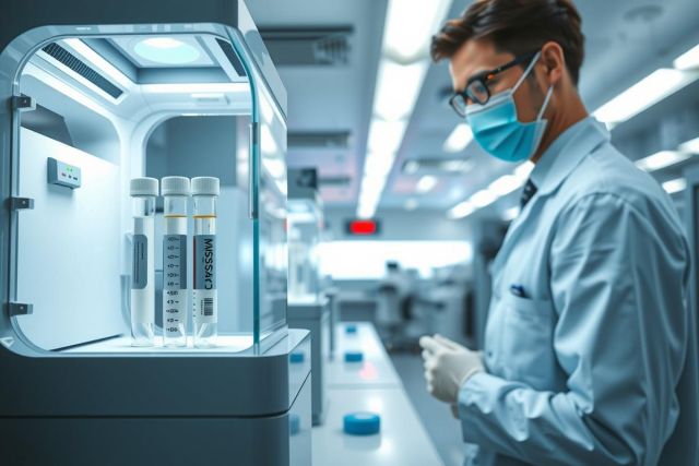 Lab technician in protective gear examines test tubes within a laboratory setting. The scene features a clean, modern environment with focus on scientific research and analysis.