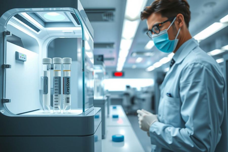 Lab technician in protective gear examines test tubes within a laboratory setting. The scene features a clean, modern environment with focus on scientific research and analysis.