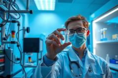 Scientist in lab coat and mask holds test tube. Close-up shot shows a research environment with equipment and bright lighting. Medical research, science, and healthcare concept.
