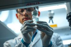 Scientist in lab coat holding test tube, research, medical, biology, analysis, experiment, close-up, white, blue, lab, science, healthcare.