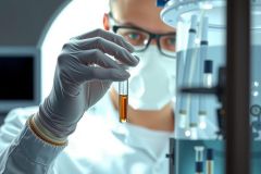 Scientist in lab coat and gloves examines a test tube with a yellow liquid. Laboratory setting with beakers and equipment in background. Research, science, and medical theme.