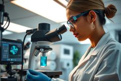 Female scientist examining a sample under a microscope in a lab. She wears a white coat and gloves, focusing on the blue liquid in the test tube. The image showcases scientific research and analysis in a modern laboratory setting.