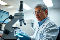 Scientist in a lab coat and gloves examines a petri dish with a microscope. The lab environment features scientific equipment and bright lighting, suggesting research and analysis.