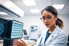 Female doctor in a lab coat smiles, examining medical imaging on a screen.  A bright, modern medical environment. Focus on healthcare and diagnostics.