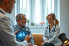 Doctor discusses a medical scan on a tablet with a patient in a bright, modern clinic setting. Healthcare professional consults with senior man, demonstrating digital diagnostics and patient care.