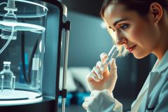 Scientist examining a sample in a lab. Wearing gloves, she's focused on the vial in a bright, modern research environment. Focus on science, research, analysis, and laboratory work.