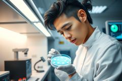 Scientist in a lab coat examines a petri dish with bacteria. The image showcases a laboratory setting with scientific equipment, highlighting research and microbiology concepts.