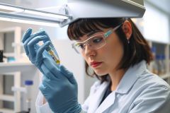 Female scientist in lab coat and gloves examining a test tube. Lab environment with equipment. Research, biology, chemistry, and scientific analysis concept.