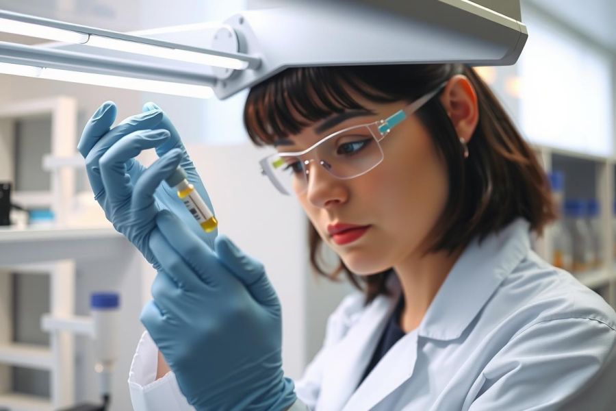 Female scientist in lab coat and gloves examining a test tube. Lab environment with equipment. Research, biology, chemistry, and scientific analysis concept.