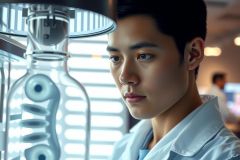 Scientist in a lab coat examines a flask in a lab environment. Focus is on the person, with a background showing lab equipment. The color palette is dominated by blues and whites, emphasizing a scientific setting.