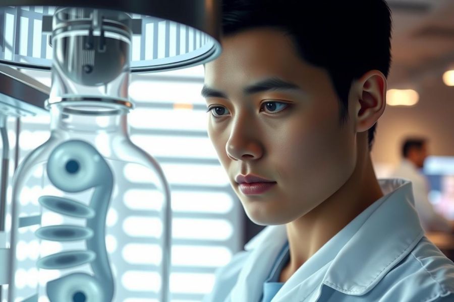 Scientist in a lab coat examines a flask in a lab environment. Focus is on the person, with a background showing lab equipment. The color palette is dominated by blues and whites, emphasizing a scientific setting.