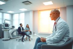Doctor consults with patients in a modern clinic. A professional medical discussion takes place in a bright, clean office setting. Healthcare, consultation, and patient care themes are present.