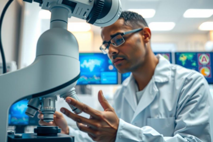 Scientist examining a microscope in a lab. He wears a white coat and glasses. The scene features modern equipment and a bright, clean environment, suggestive of research and discovery.