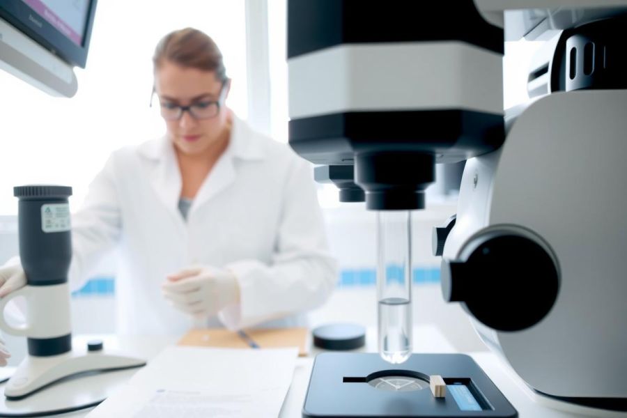 Scientist in lab coat using a microscope for research. Close-up view of the lab environment with equipment and glassware. Focus on scientific analysis and discovery.