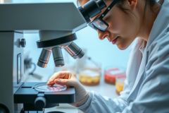 Scientist examining a petri dish under a microscope in a laboratory setting. Wearing a lab coat and gloves, focusing on cell cultures. Scientific research, biology, microbiology concept.