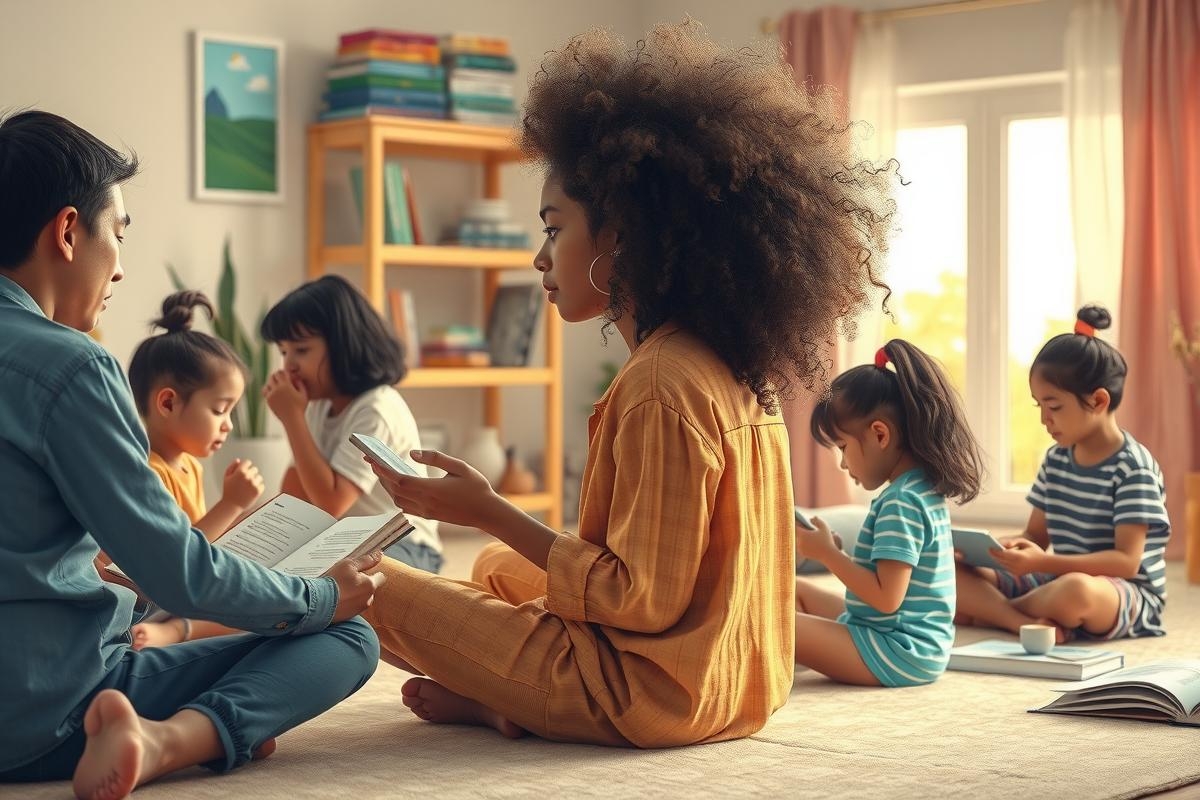 A family gathered together in a cozy home setting, sharing a moment of reading. The adult and child are engaged in a book, with others around them also focused on reading or observing. A warm and nurturing environment highlighted by the comfortable seating arrangement.