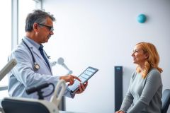 Doctor examining a patient in a clinic, using a tablet to review medical information. Healthcare professional consultation, digital health records, patient care.
