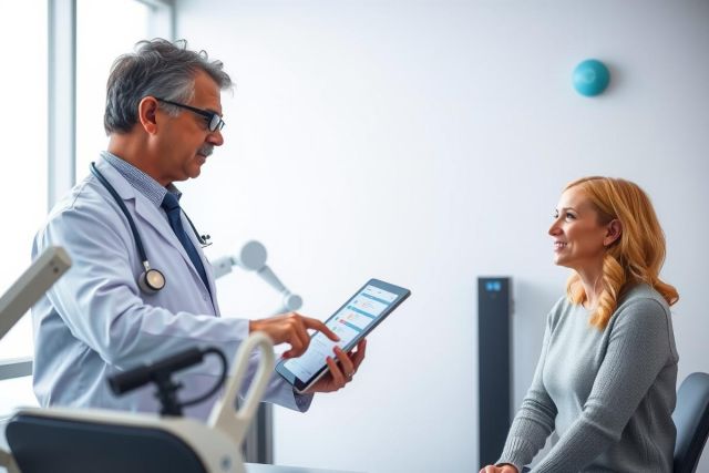 Doctor examining a patient in a clinic, using a tablet to review medical information. Healthcare professional consultation, digital health records, patient care.
