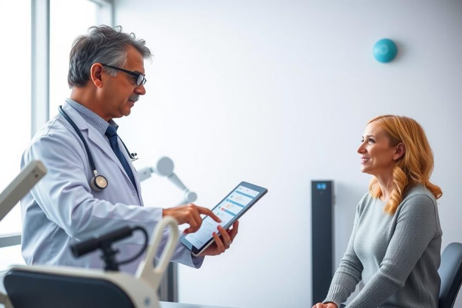 Doctor examining a patient in a clinic, using a tablet to review medical information. Healthcare professional consultation, digital health records, patient care.