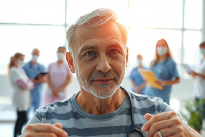 The image shows a group of people in a medical setting. At the center, there is an older man with gray hair and glasses who appears to be speaking or giving directions. He has a serious expression on his face. Surrounding him are several medical professionals wearing surgical masks and scrubs, suggesting that this might be a hospital or clinic environment. The lighting suggests it's daytime. There is no text visible in the image.