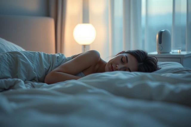 Serene nighttime scene of a young woman peacefully sleeping in a cozy bed. Soft, warm lighting illuminates the bedroom with a focus on relaxation and tranquility. Blue and white tones create a calming atmosphere. Sleep, bedroom, woman, peaceful, night.