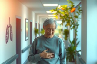 An older woman walks down a hospital hallway, holding her chest with one hand. The environment is sterile and the hallway is lit by soft white lights. Plants add a touch of greenery to the otherwise clinical setting.