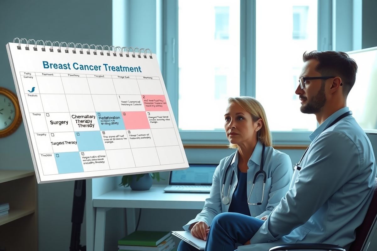 A doctor and nurse look at a poster about breast cancer treatment. The poster shows different types of treatments for breast cancer. The doctor is wearing blue scrubs, the nurse has blonde hair, and they are both looking at the poster that also has a calendar with various dates listed in purple.