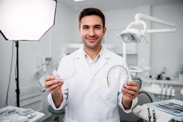 Dentist in a clinic holding a clear plastic aligner in one hand and a braces-style orthodontic arch in the other.