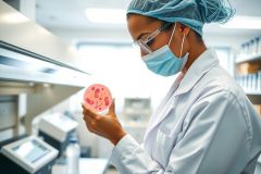 Lab technician examining a petri dish with bacterial colonies. Wearing protective gear in a laboratory setting, this image showcases microbiology research and diagnostics.