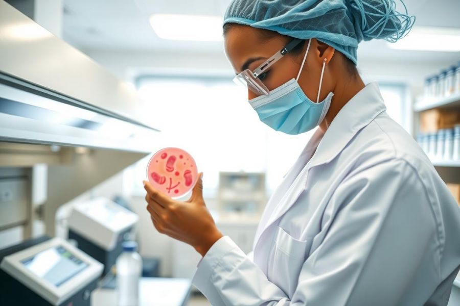 Lab technician examining a petri dish with bacterial colonies. Wearing protective gear in a laboratory setting, this image showcases microbiology research and diagnostics.