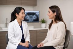 Dentist consulting with patient in clinic, dental X-ray visible on monitor behind them.