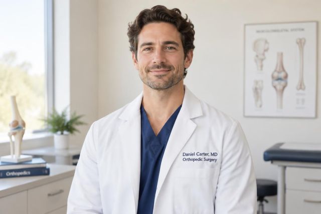 Confident orthopedic surgeon portrait in a bright clinic room with anatomical poster.