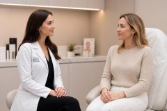 Clinician in a white coat consulting with a patient in a calm cosmetic clinic examination room.