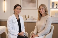 Cosmetic medicine consultation in a calm clinic, specialist advising patient about rhinoplasty options.